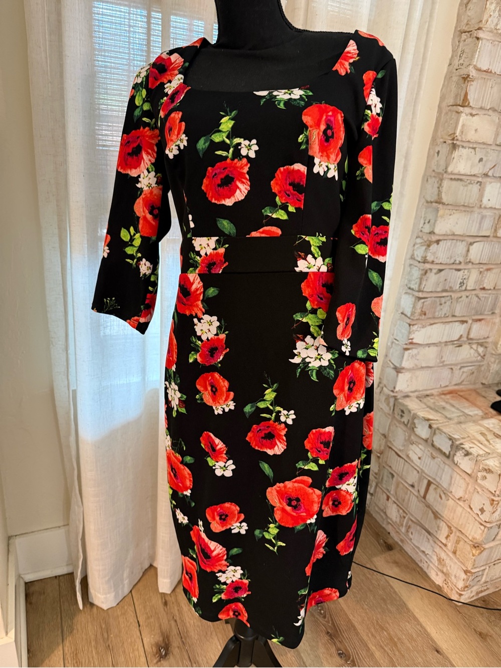 Bisou Bisou Black Midi Dress with Red Floral Print